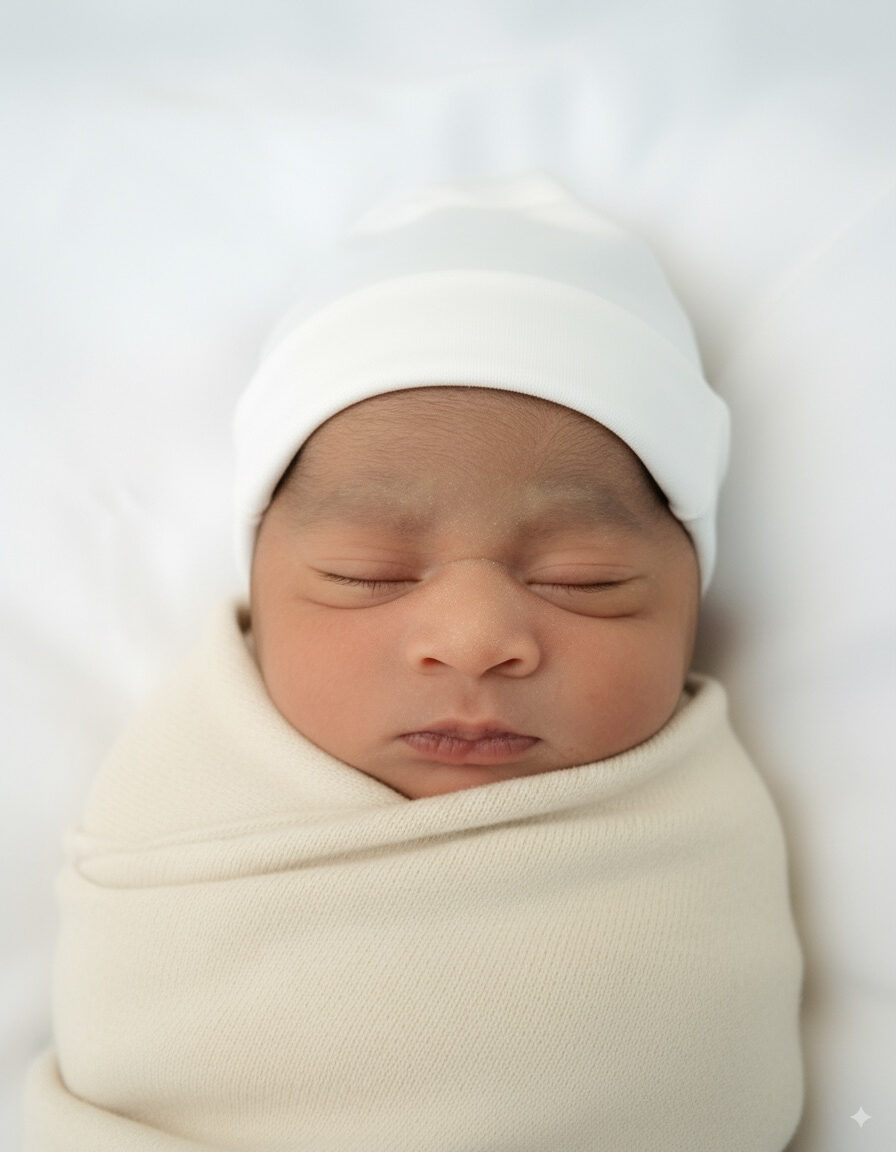 Arya swaddled and fast asleep in a little white cap